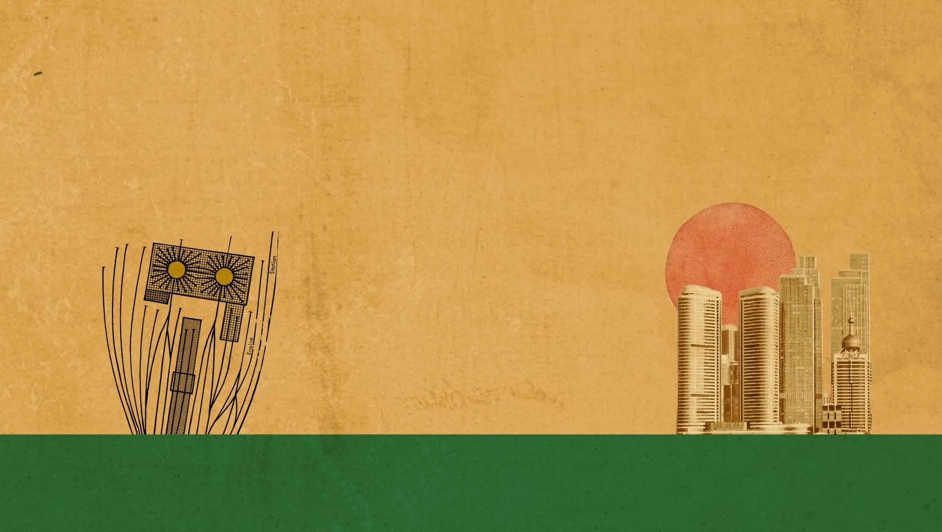 Collage of a mustard sky, city skyline and small red sun