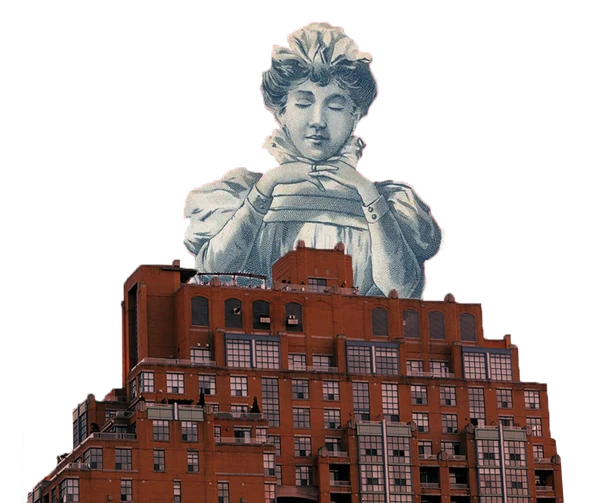 Collage of a classical bust over a red brick building