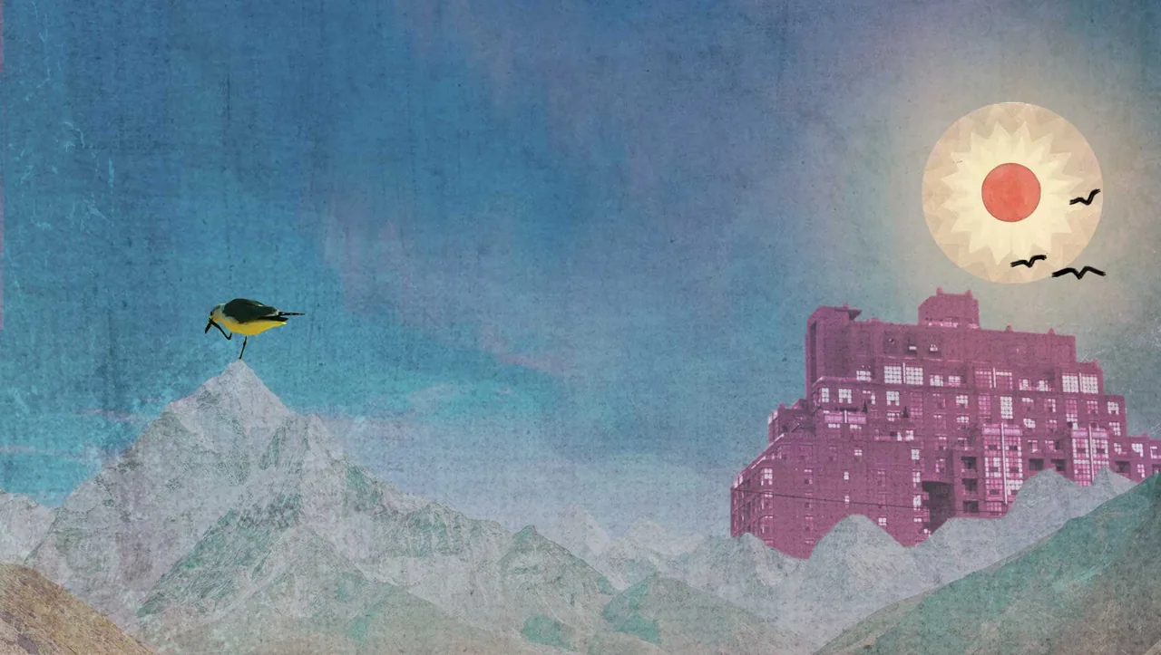 Collage of blue mountains, a bird, a sun and a magenta city