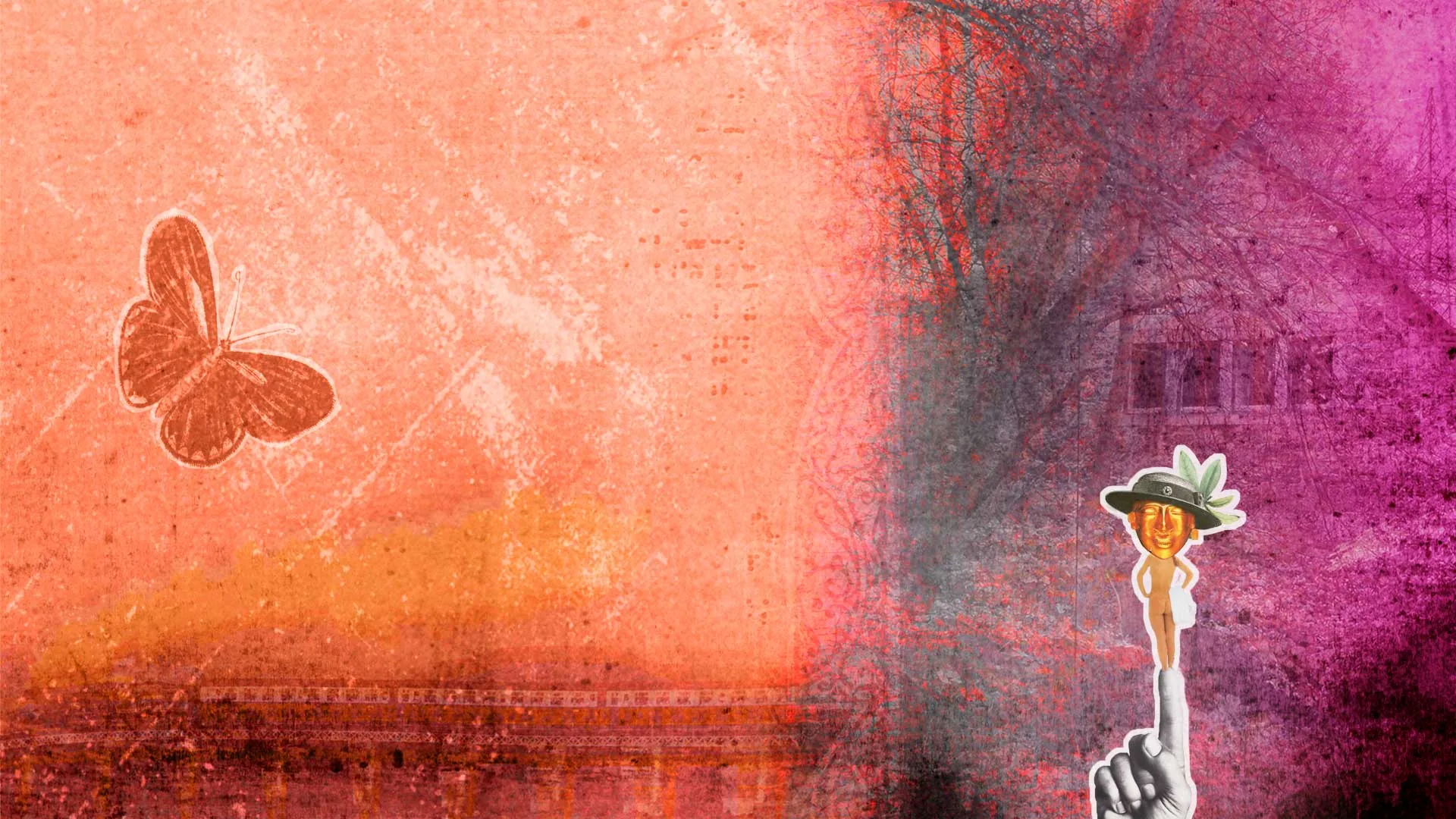 Collage of an orange and magenta landscape, with a classical bust over a red brick building
