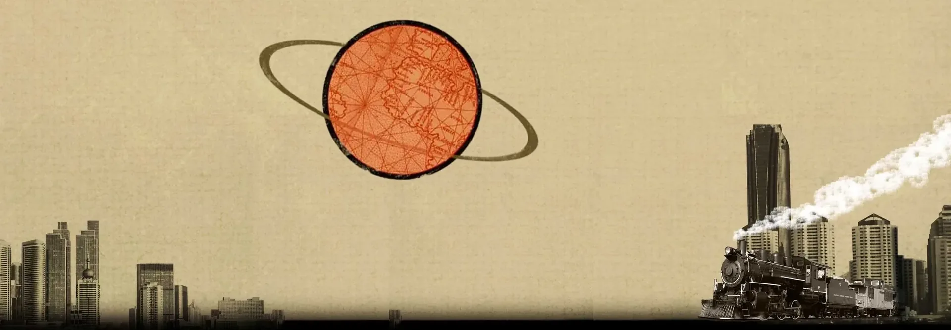 Collage of a steam train, a city skyline and a ringed planet