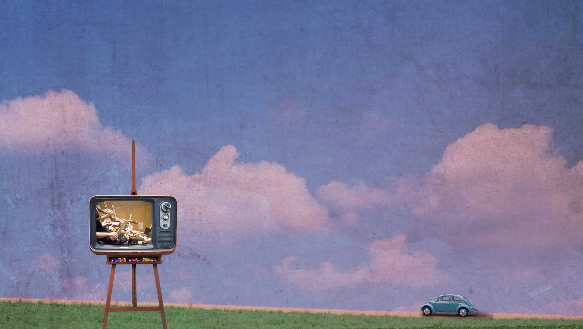 Collage of a vintage television on an easel in a pink cloudscape