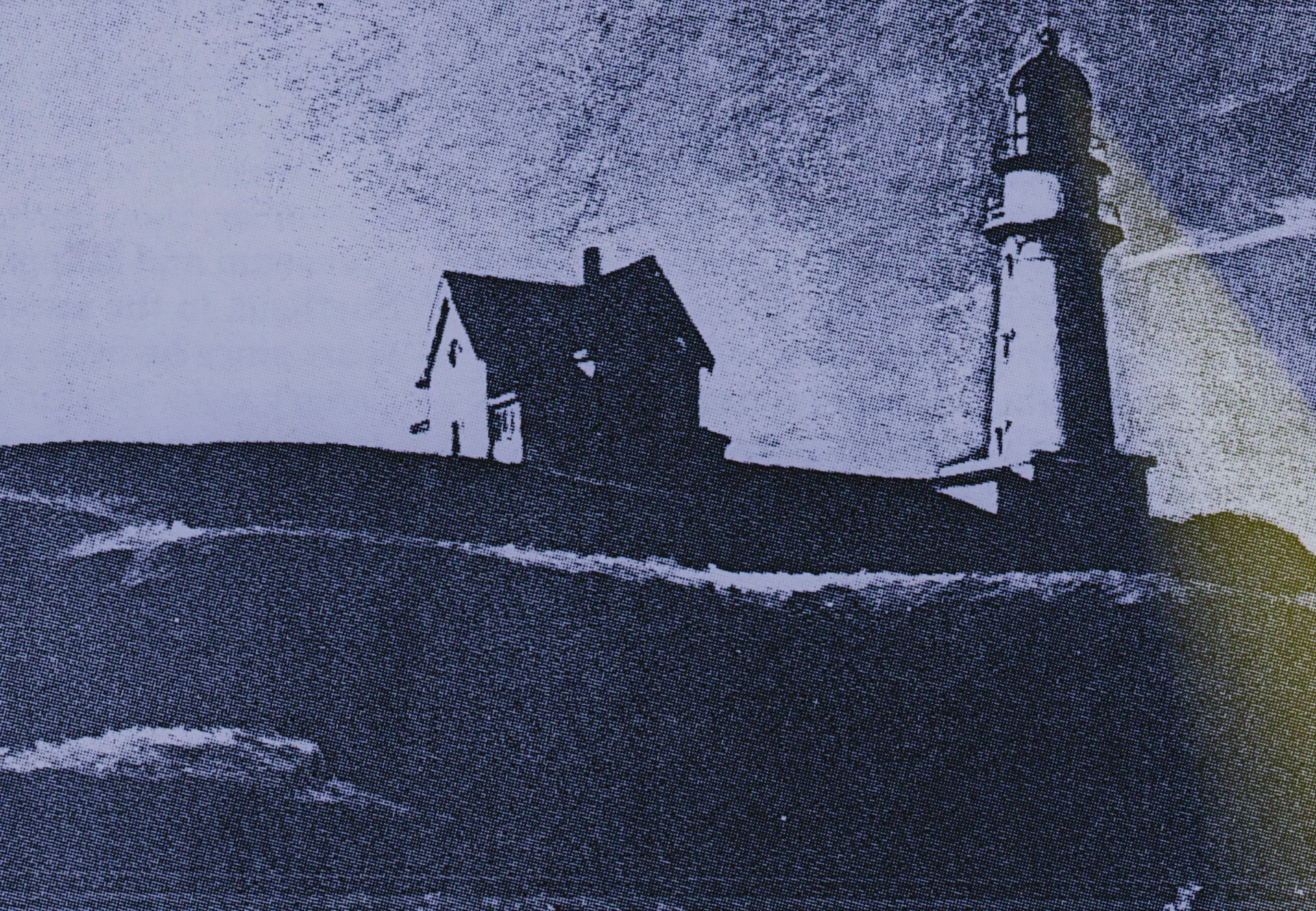 Halftone photograph of a lighthouse and a house on a headland above the sea